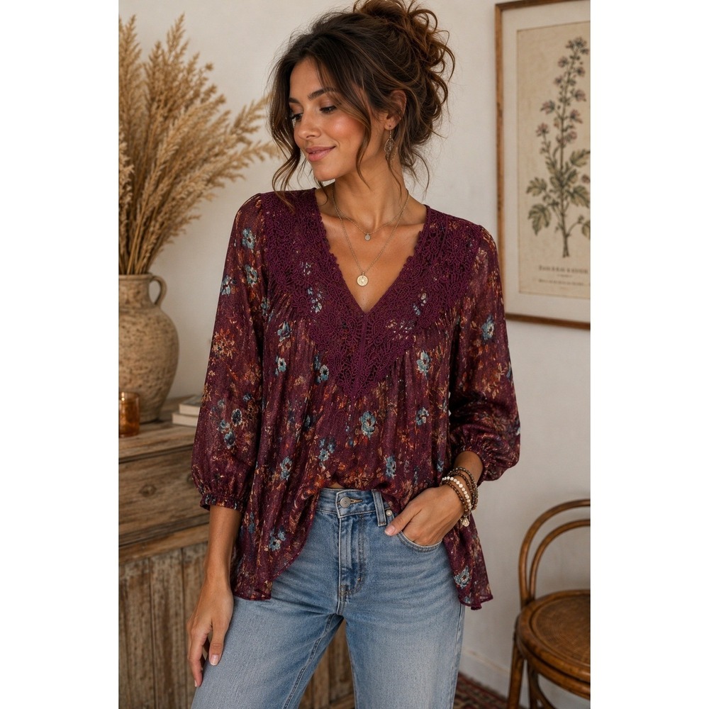 Vintage America Blues Floral Lace Boho‎ Peasant Blouse Sheer Large